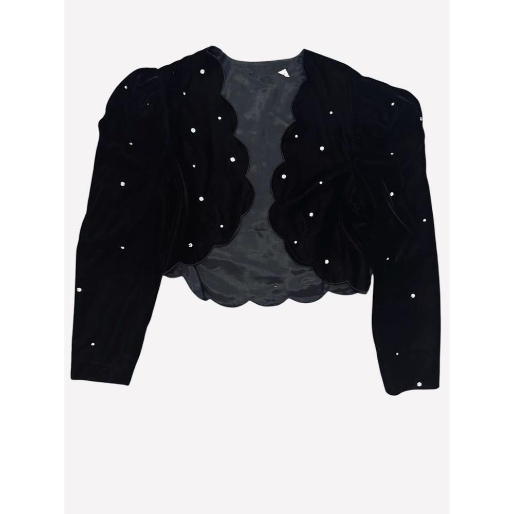 Vintage Black Velvet Mini Cami Dress & Jacket Scalloped Trim Rhinestones Size 12 - Picture 6 of 8